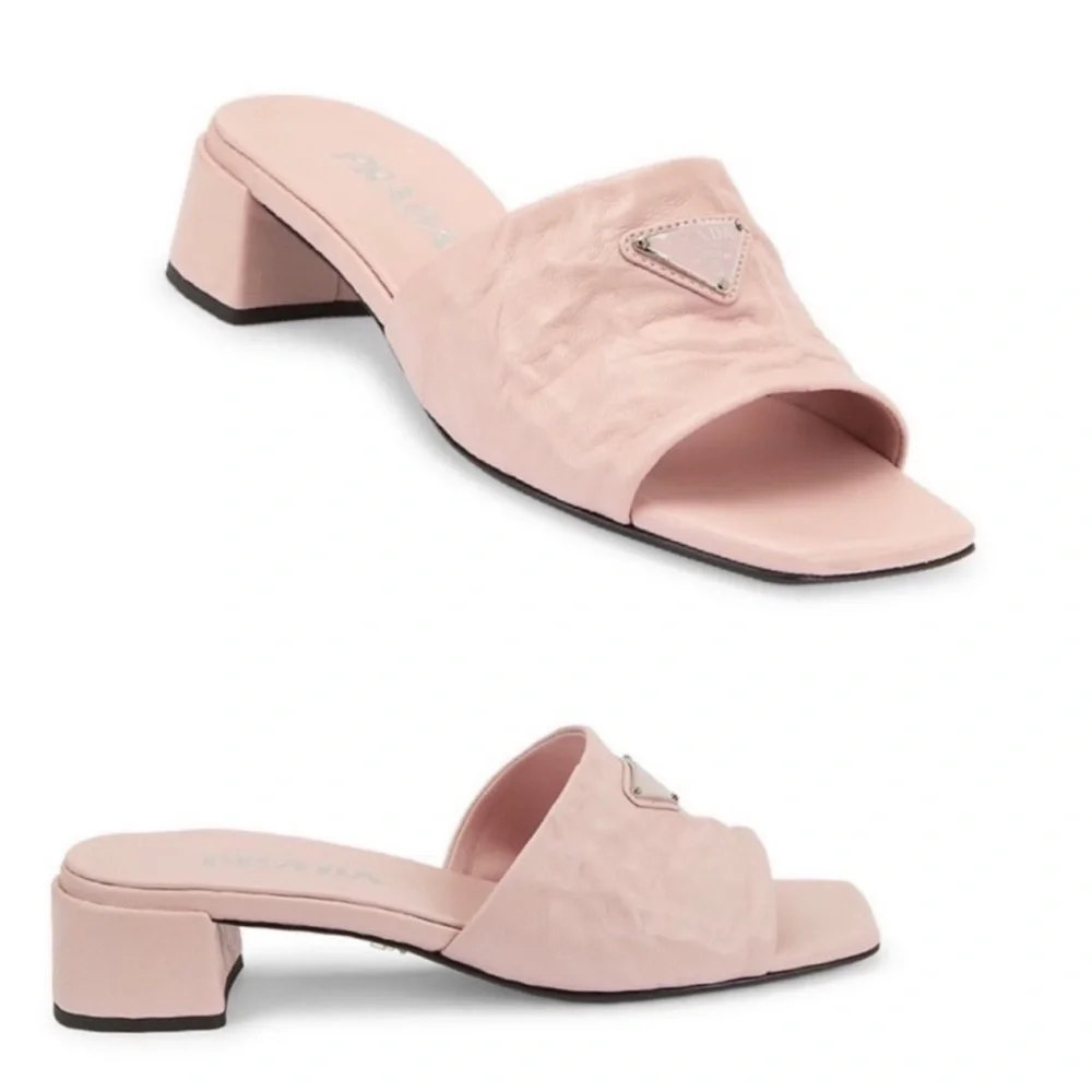 Prada Crinkled Leather Block-Heel Slip on Logo Mules Sandals size 8 Pale Pink